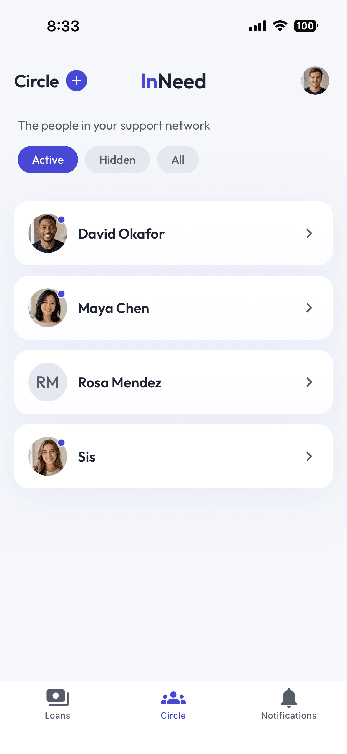 The Circle screen, listing four saved contacts under an Active tab.