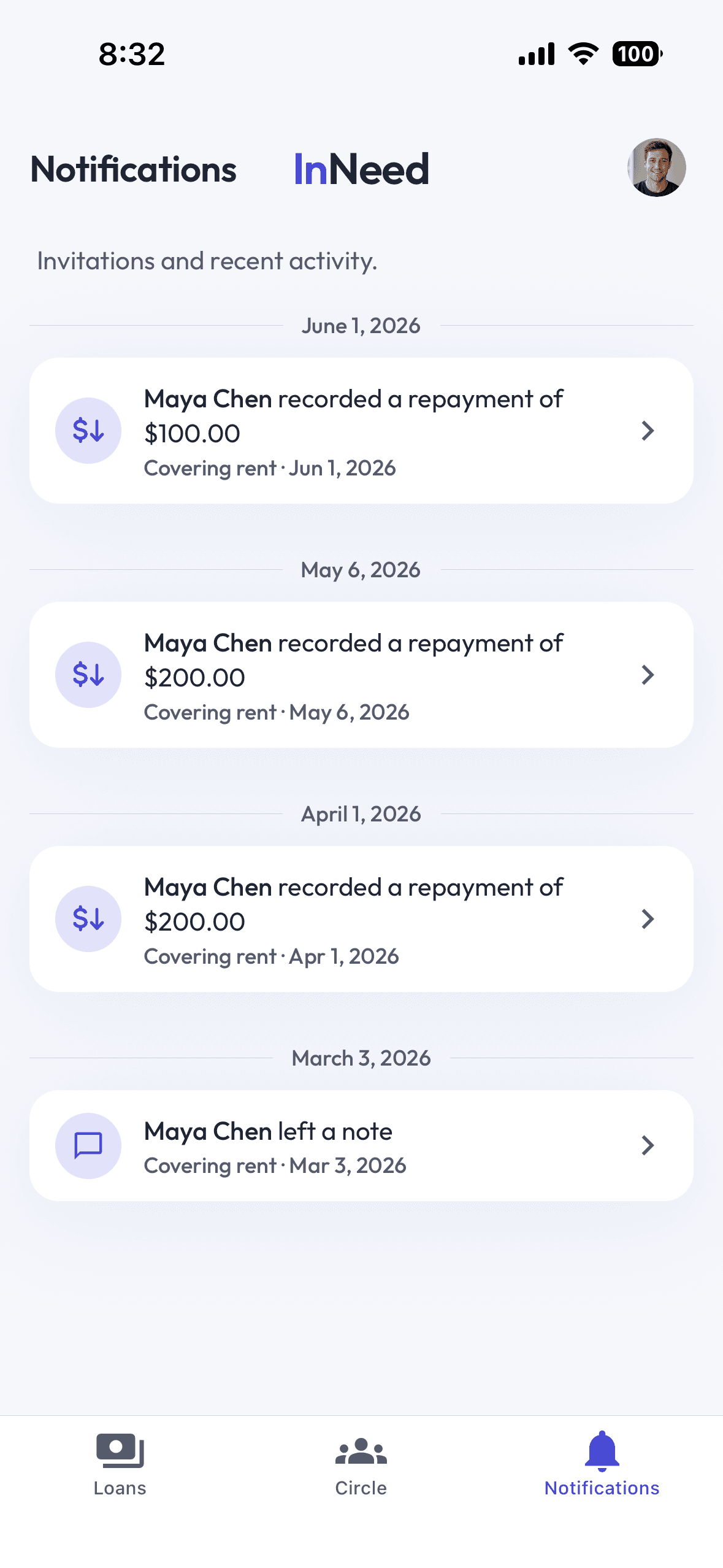 The Notifications screen, listing repayments Maya Chen recorded and a note she left, each against the agreement it belongs to.