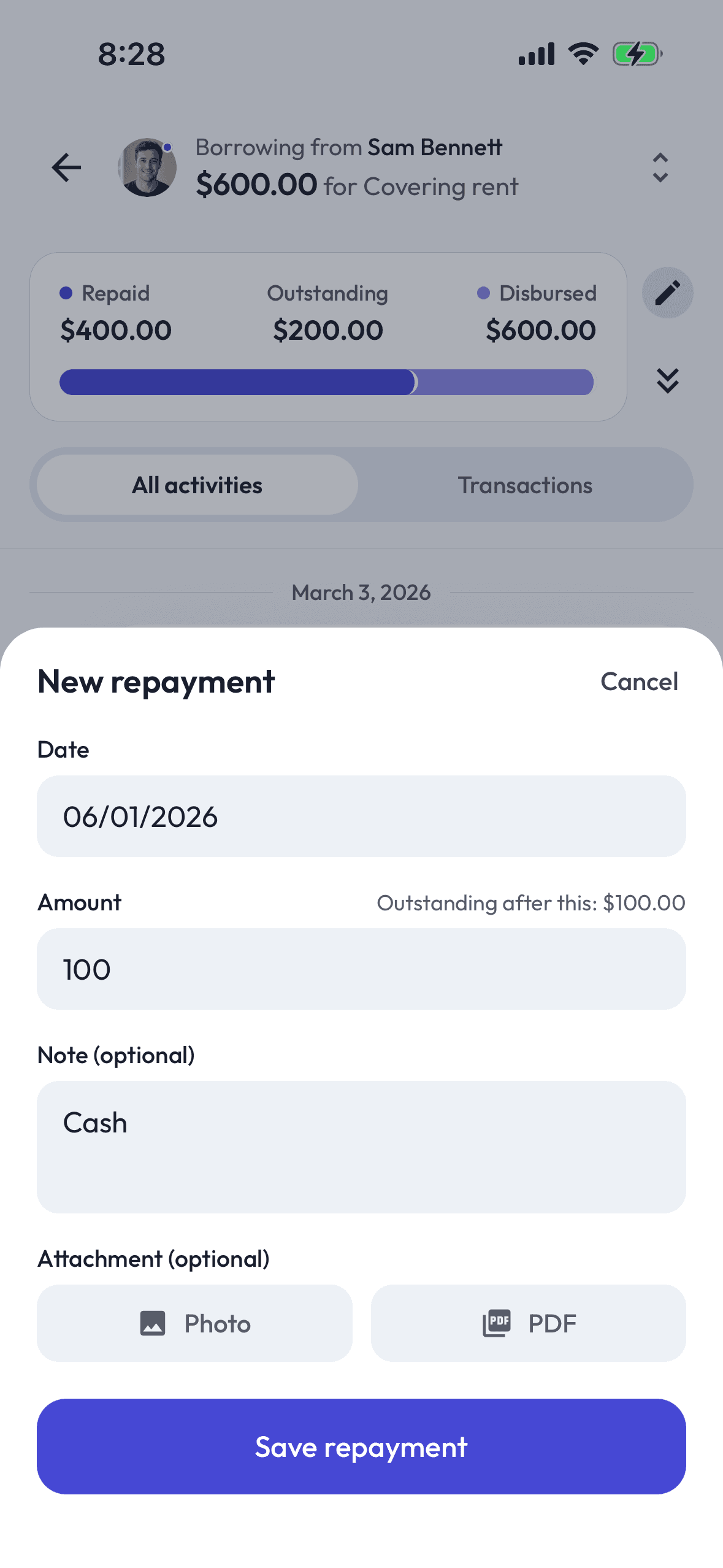 A New repayment form over an agreement, with fields for the date, the amount, an optional note and an optional attachment.
